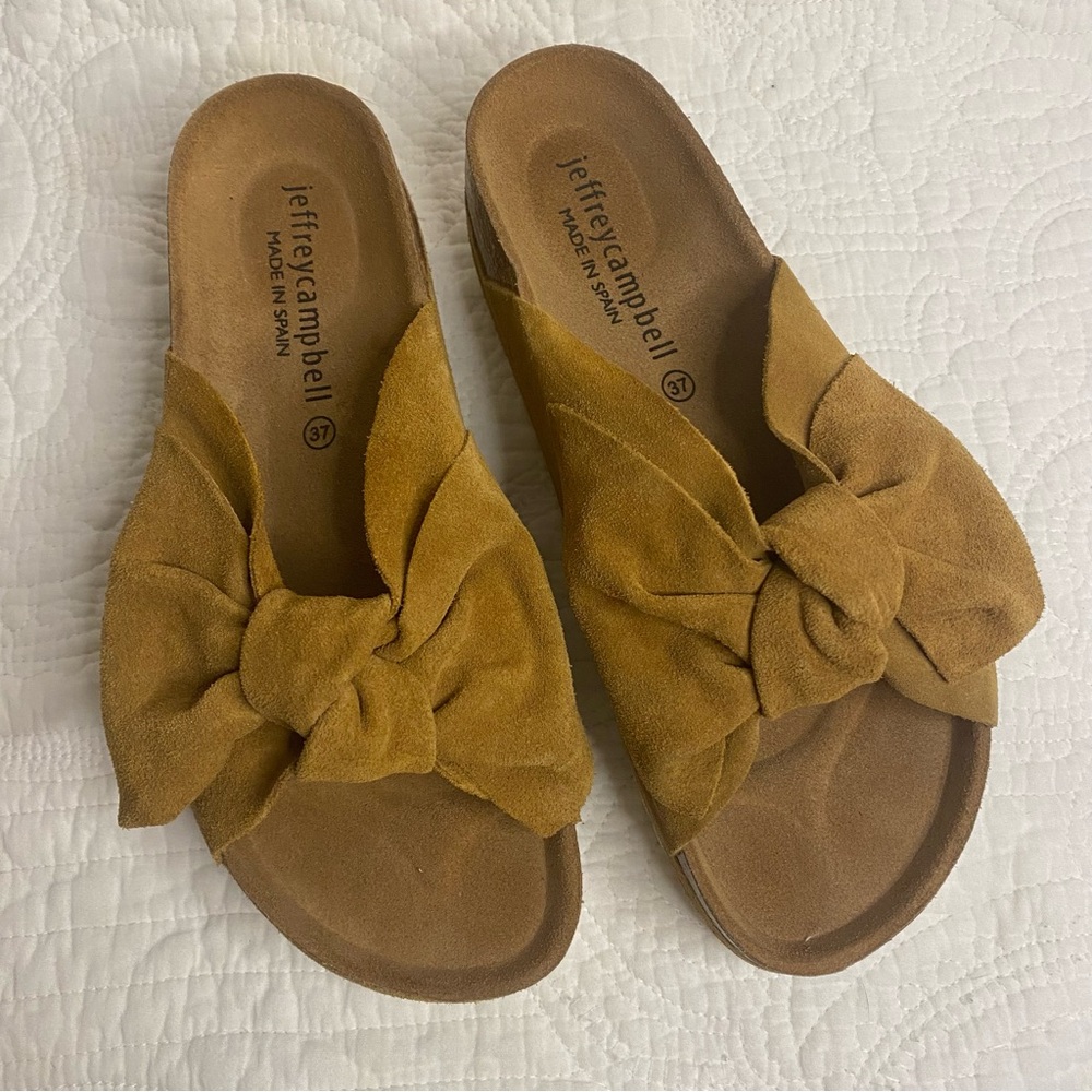 Jeffrey Campbell Mustard Tan Suede‎ Bow Slide Sandals Cork Platform Spain 37